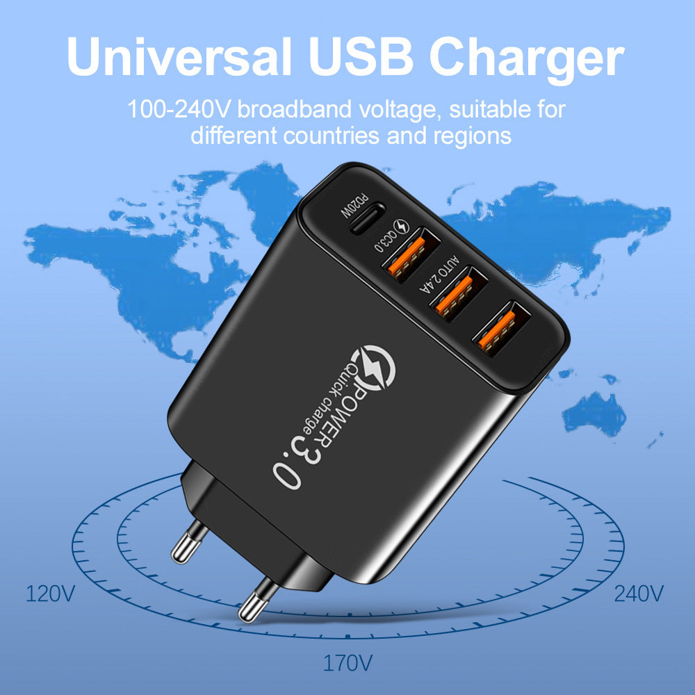 3USB+PD Type-C mobile phone charger with multiple USB ports, travel charging head