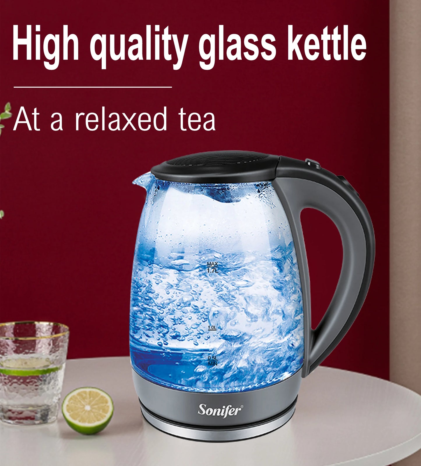 1.7L Glass Health Preserving Pot Electric Kettle with Led Lighting 2000W Quick Boiling Water Auto Shutdown Without BPA Sonifer