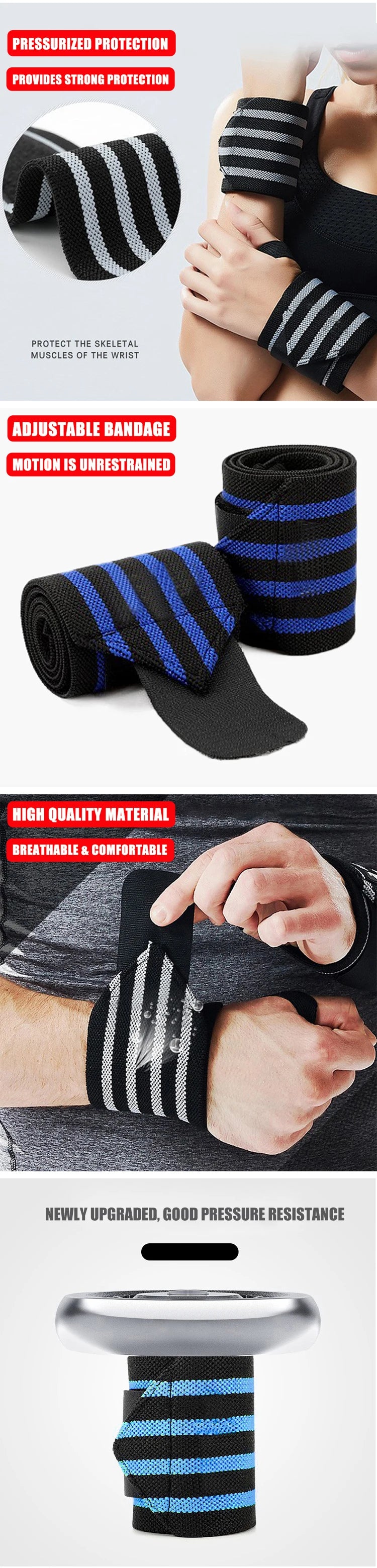 Adjustable Wristbands Bandages Wrist Wraps Support Carpal Protector Bracers for Gym Weightlifting Fitness Bench Press 1Pair