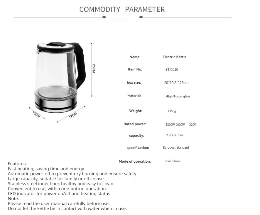 Electric Kettle 2.3L/77.78oz 220V1500W Boiling Dry Protection.Automatic Boiling Shutdown ST-0103